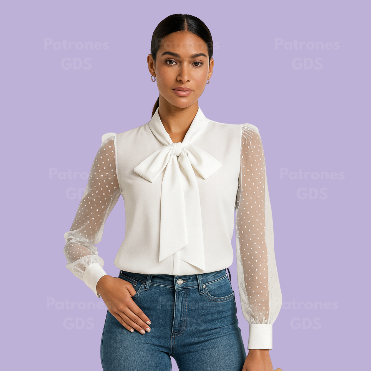 Blusa camisera con lazada y manga abullonada - 2125